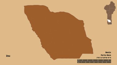 Zou 'nun şekli, Benin Bölümü, sermayesi sağlam arka planda izole edilmiş. Uzaklık ölçeği, bölge önizlemesi ve etiketleri. Desenli dokuların bileşimi. 3B görüntüleme