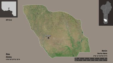 Zou 'nun şekli, Benin Bölümü ve başkenti. Uzaklık ölçeği, ön gösterimler ve etiketler. Uydu görüntüleri. 3B görüntüleme