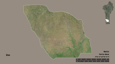 Zou 'nun şekli, Benin Bölümü, sermayesi sağlam arka planda izole edilmiş. Uzaklık ölçeği, bölge önizlemesi ve etiketleri. Uydu görüntüleri. 3B görüntüleme