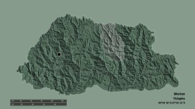 Başkenti, ana bölgesel bölümü ve Bumthang bölgesiyle Bhutan 'ın dejenere edilmiş şekli. Etiketler. Renkli yükseklik haritası. 3B görüntüleme