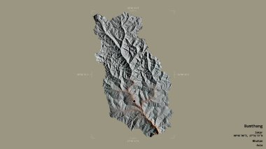 Bumthang bölgesi, Bhutan bölgesi, katı bir arka planda izole edilmiş bir sınır kutusunda. Etiketler. Topografik yardım haritası. 3B görüntüleme