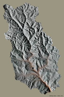 Bhutan 'ın Bumthang ilçesi, başkenti koyu renk arka planda izole edilmiş. Topografik yardım haritası. 3B görüntüleme