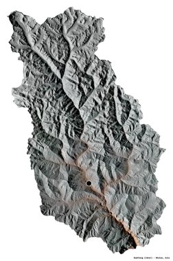 Bhutan 'ın Bumthang ilçesi, başkenti beyaz arka planda izole edilmiş. Topografik yardım haritası. 3B görüntüleme