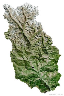 Bhutan 'ın Bumthang ilçesi, başkenti beyaz arka planda izole edilmiş. Uydu görüntüleri. 3B görüntüleme