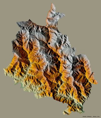 Chhukha 'nın şekli, Butan ilçesi, başkenti katı bir renk arkaplanı ile izole edilmiş. Topografik yardım haritası. 3B görüntüleme