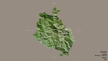 Chhukha bölgesi, Butan bölgesi, katı bir arka planda izole edilmiş bir sınır kutusunda. Etiketler. Uydu görüntüleri. 3B görüntüleme