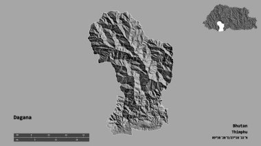 Bhutan ilçesi Dagana 'nın şekli, başkenti sağlam bir zemin üzerinde izole edilmiş. Uzaklık ölçeği, bölge önizlemesi ve etiketleri. Çift seviyeli yükseklik haritası. 3B görüntüleme