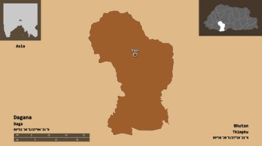 Dagana 'nın şekli, Butan bölgesi ve başkenti. Uzaklık ölçeği, ön gösterimler ve etiketler. Desenli dokuların bileşimi. 3B görüntüleme