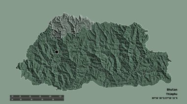 Başkenti, ana bölgesel bölümü ve ayrılmış Gasa bölgesiyle birlikte Bhutan 'ın dejenere edilmiş şekli. Etiketler. Renkli yükseklik haritası. 3B görüntüleme