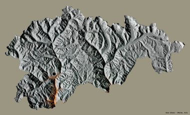 Bhutan ilçesi Gasa 'nın şekli, başkenti koyu renk arka planda izole edilmiş. Topografik yardım haritası. 3B görüntüleme