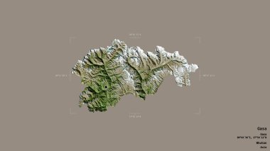 Bhutan 'ın Gasa bölgesi, katı bir arka planda izole edilmiş bir sınır kutusunda. Etiketler. Uydu görüntüleri. 3B görüntüleme