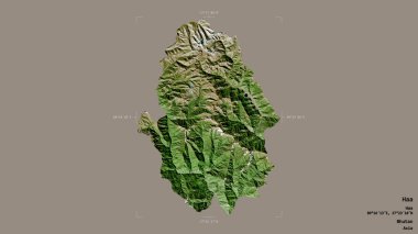 Haa bölgesi, Butan bölgesi, sağlam bir arka planda izole edilmiş bir sınır kutusunda. Etiketler. Uydu görüntüleri. 3B görüntüleme