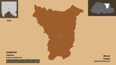 Lhuentse Şekli, Butan Bölgesi ve başkenti. Uzaklık ölçeği, ön gösterimler ve etiketler. Desenli dokuların bileşimi. 3B görüntüleme