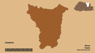 Bhutan 'ın Lhuentse ilçesi, başkenti sağlam arka planda izole edilmiş. Uzaklık ölçeği, bölge önizlemesi ve etiketleri. Desenli dokuların bileşimi. 3B görüntüleme