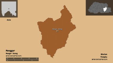 Monggar 'ın şekli, Butan bölgesi ve başkenti. Uzaklık ölçeği, ön gösterimler ve etiketler. Desenli dokuların bileşimi. 3B görüntüleme