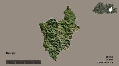 Bhutan 'ın Bhutan ilçesi Monggar' ın şekli, başkenti sağlam bir arka planda izole edilmiş. Uzaklık ölçeği, bölge önizlemesi ve etiketleri. Uydu görüntüleri. 3B görüntüleme