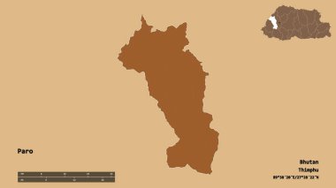 Bhutan 'ın Paro semti, başkenti sağlam arka planda izole edilmiş. Uzaklık ölçeği, bölge önizlemesi ve etiketleri. Desenli dokuların bileşimi. 3B görüntüleme