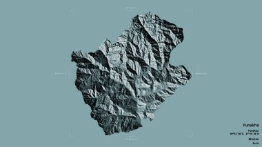 Punakha bölgesi, Butan bölgesi, katı bir arka planda izole edilmiş bir sınır kutusunda. Etiketler. Renkli yükseklik haritası. 3B görüntüleme