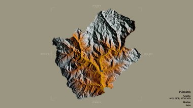 Punakha bölgesi, Butan bölgesi, katı bir arka planda izole edilmiş bir sınır kutusunda. Etiketler. Topografik yardım haritası. 3B görüntüleme
