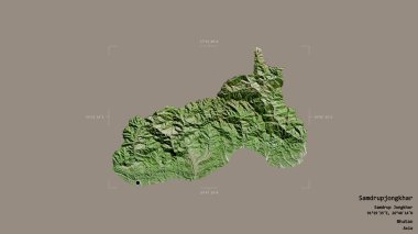 Samdrupjongkhar bölgesi, Bhutan bölgesi, katı bir arka planda izole edilmiş bir sınır kutusunda. Etiketler. Uydu görüntüleri. 3B görüntüleme