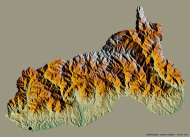 Bhutan 'ın Bhutan ilçesi Samdrupjongkhar' ın şekli, başkenti katı bir renk arkaplanı ile izole edilmiştir. Topografik yardım haritası. 3B görüntüleme