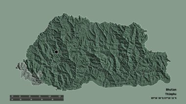 Başkenti, ana bölgesel bölümü ve ayrılmış Samtse bölgesiyle Bhutan 'ın deforme edilmiş şekli. Etiketler. Renkli yükseklik haritası. 3B görüntüleme