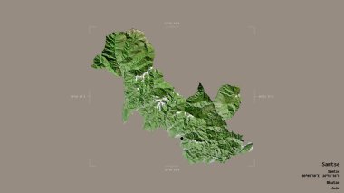 Samtse bölgesi, Butan bölgesi, katı bir arka planda izole edilmiş bir sınır kutusunda. Etiketler. Uydu görüntüleri. 3B görüntüleme