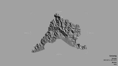 Sarpang bölgesi, Bhutan bölgesi, katı bir arka planda izole edilmiş bir sınır kutusunda. Etiketler. Çift seviyeli yükseklik haritası. 3B görüntüleme