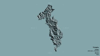 Thimphu bölgesi, Butan bölgesi, katı bir arka planda izole edilmiş bir sınır kutusunda. Etiketler. Renkli yükseklik haritası. 3B görüntüleme