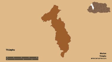 Bhutan 'ın Thimphu ilçesi, başkenti sağlam arka planda izole edilmiş. Uzaklık ölçeği, bölge önizlemesi ve etiketleri. Desenli dokuların bileşimi. 3B görüntüleme