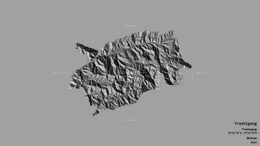 Bhutan 'ın Trashigang bölgesi, katı bir arka planda izole edilmiş bir sınır kutusunda. Etiketler. Çift seviyeli yükseklik haritası. 3B görüntüleme
