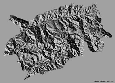 Bhutan 'ın Trashigang semti, başkenti katı bir renk arkaplanı ile izole edilmiştir. Çift seviyeli yükseklik haritası. 3B görüntüleme