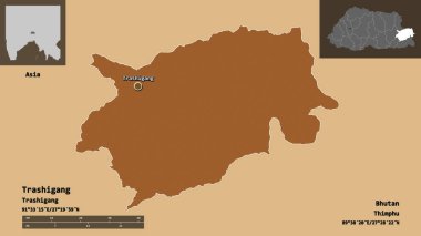 Trashigang 'ın şekli, Butan bölgesi ve başkenti. Uzaklık ölçeği, ön gösterimler ve etiketler. Desenli dokuların bileşimi. 3B görüntüleme