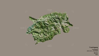Bhutan 'ın Trashigang bölgesi, katı bir arka planda izole edilmiş bir sınır kutusunda. Etiketler. Uydu görüntüleri. 3B görüntüleme