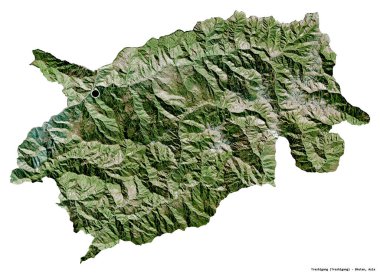 Bhutan 'ın Trashigang semti, başkenti beyaz arka planda izole edilmiş. Uydu görüntüleri. 3B görüntüleme