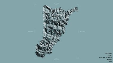 Tsirang bölgesi, Butan bölgesi, katı bir arka planda izole edilmiş bir sınır kutusunda. Etiketler. Renkli yükseklik haritası. 3B görüntüleme