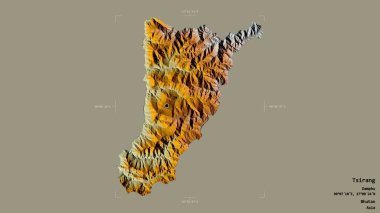 Tsirang bölgesi, Butan bölgesi, katı bir arka planda izole edilmiş bir sınır kutusunda. Etiketler. Topografik yardım haritası. 3B görüntüleme