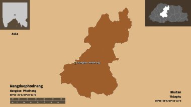 Bhutan bölgesi ve başkenti Wangduephodrang 'ın şekli. Uzaklık ölçeği, ön gösterimler ve etiketler. Desenli dokuların bileşimi. 3B görüntüleme