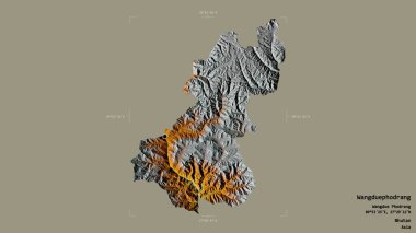 Bhutan 'ın Wangduephodrang bölgesi, sağlam bir arka planda izole edilmiş bir sınır kutusunda. Etiketler. Topografik yardım haritası. 3B görüntüleme