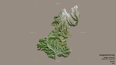 Bhutan 'ın Wangduephodrang bölgesi, sağlam bir arka planda izole edilmiş bir sınır kutusunda. Etiketler. Uydu görüntüleri. 3B görüntüleme