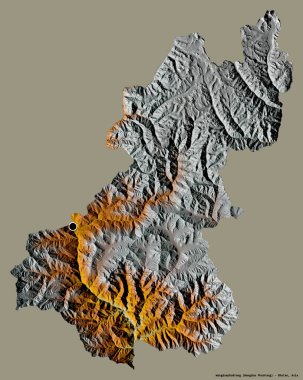 Bhutan 'ın Wangduephodrang ilçesi, başkenti katı bir renk arkaplanı ile izole edilmiştir. Topografik yardım haritası. 3B görüntüleme