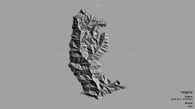 Yangtse bölgesi, Butan bölgesi, katı bir arka planda izole edilmiş bir sınır kutusunda. Etiketler. Çift seviyeli yükseklik haritası. 3B görüntüleme