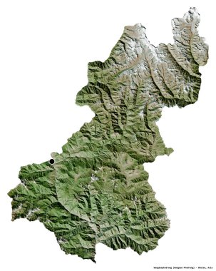 Bhutan 'ın Wangduephodrang ilçesi, başkenti beyaz arka planda izole edilmiş. Uydu görüntüleri. 3B görüntüleme