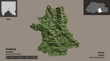 Bhutan bölgesi ve başkenti Zhemgang 'ın şekli. Uzaklık ölçeği, ön gösterimler ve etiketler. Uydu görüntüleri. 3B görüntüleme