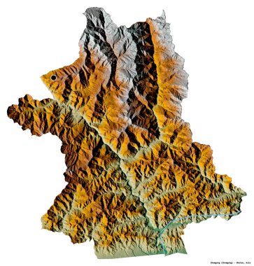 Bhutan 'ın Zhemgang semti, başkenti beyaz arka planda izole edilmiş. Topografik yardım haritası. 3B görüntüleme