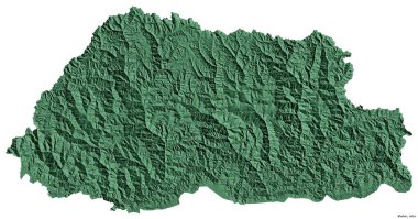 Başkenti beyaz arka planda izole edilmiş Butan şekli. Renkli yükseklik haritası. 3B görüntüleme