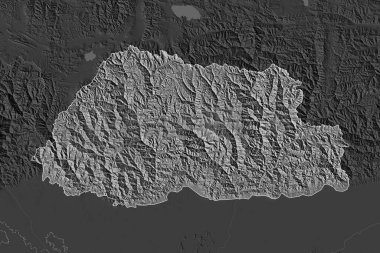 Bhutan 'ın şekli, komşu bölgelerin dedoygunluğuyla ayrılır. Sınırlar. Çift seviyeli yükseklik haritası. 3B görüntüleme
