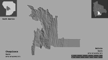 Chuquisaca 'nın şekli, Bolivya Bölümü ve başkenti. Uzaklık ölçeği, ön gösterimler ve etiketler. Çift seviyeli yükseklik haritası. 3B görüntüleme