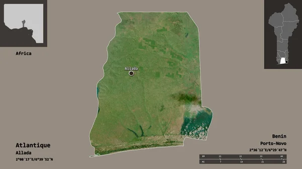贝宁省的大西洋形状及其首都 距离刻度 预览和标签 卫星图像 3D渲染 — 图库照片