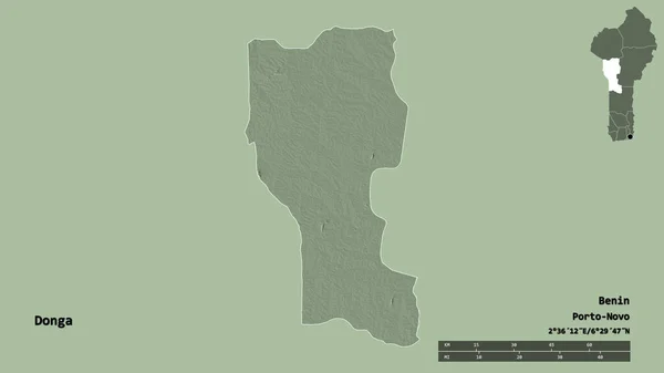 しっかりとした背景の上に首都を隔てて ベニン省のトンダの形 距離スケール リージョンプレビュー およびラベル 色の標高マップ 3Dレンダリング — ストック写真
